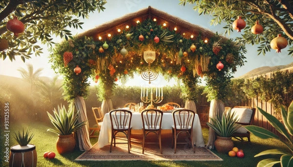 Obraz Lush garden sukkah adorned with hanging fruits and lights, surrounding a warmly lit dining table, capturing a serene evening atmosphere.