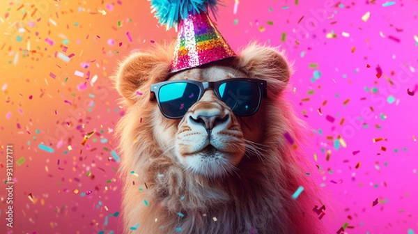 Obraz A birthday party lion with a hat and confetti