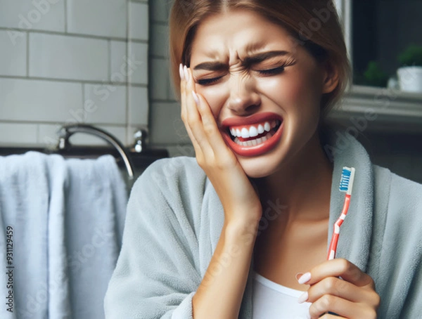 Fototapeta Woman suffering from terrible strong teeth pain, touching cheek with hand painful face grimace , toothbrush in hand, in the bathroom. Tooth pain and dentistry.