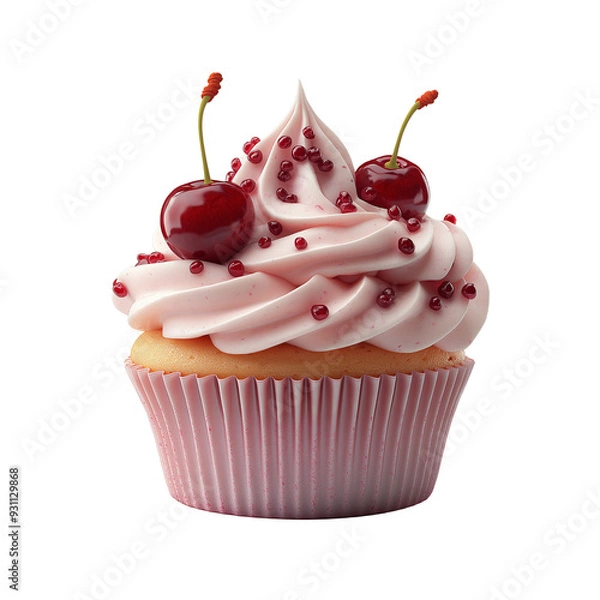 Fototapeta A cupcake with cherry cream and two red cherries on top