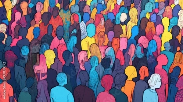 Fototapeta Colorful crowd of diverse people in abstract art style