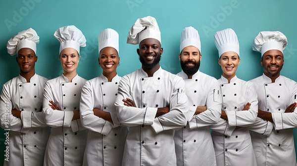 Fototapeta Diverse Team of Professional Chefs in Uniform Posing Together in Studio