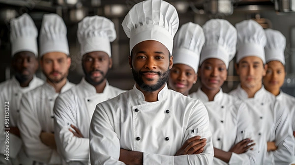 Fototapeta Diverse Team of Professional Chefs Posing in Uniform on Plain White Background