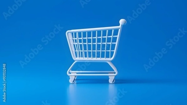 Obraz Minimalist white shopping cart on blue background, symbolizing retail, shopping, and consumerism concepts in a modern, clean design.