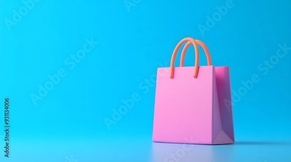 Fototapeta Pink shopping bag with orange handles on a blue background, symbolizing retail, shopping, and sales. Minimalist and vibrant design.