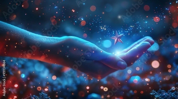 Fototapeta A hand reaches out to catch a glowing, blue star-shaped object amidst a field of sparkling lights.