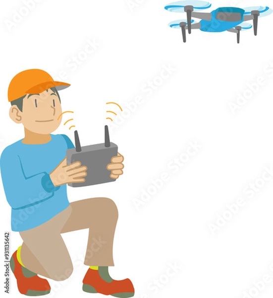Fototapeta ドローン操縦に熱中する少年のイラスト