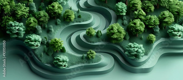Fototapeta Forest River Flowing Through Lush Paper Landscape in Pastel