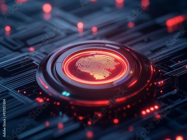 Fototapeta Futuristic technology design featuring a glowing red symbol of Africa on a digital circuit background.