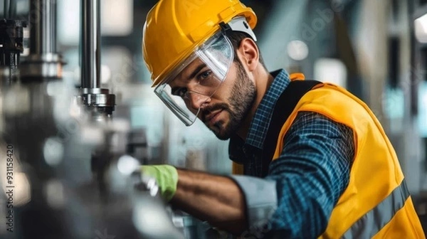 Fototapeta Male worker in hard hat and safety gear inspects machinery in a modern industrial facility, showcasing professionalism and focus.
