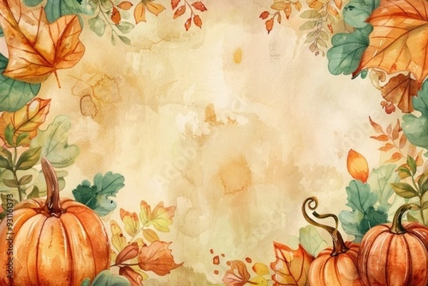 Fototapeta Watercolor illustration featuring pumpkins and colorful autumn leaves framing an empty space, perfect for seasonal themes and text overlays. ai