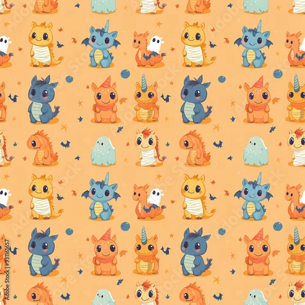Fototapeta Seamless Halloween Pattern with Cute Mythical Creatures in Costumes on Orange Background