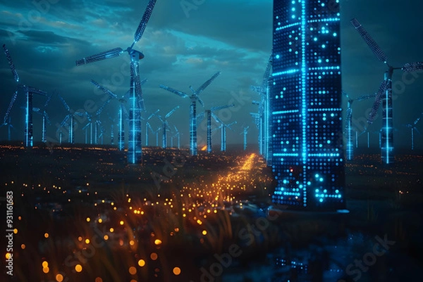 Fototapeta Advanced Monitoring Renewable Energy Grids in Sleek High Tech Futuristic Blue Sci Fi Cityscape