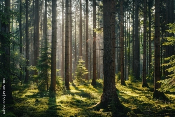 Fototapeta Sunlight Filtering Through The Trees In A Forest.