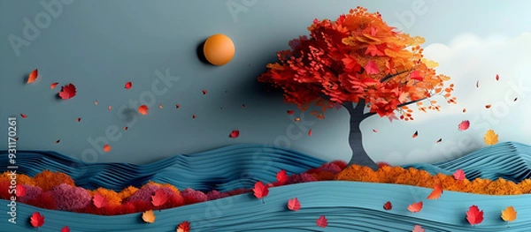 Fototapeta Autumn Breeze Whimsical Paper Tree Landscape with Vibrant Foliage