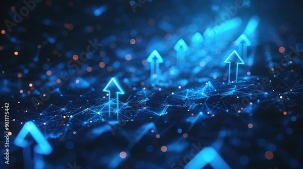 Fototapeta Diagonal stream of growth Up arrows in blue futuristic style on dark technology background with glowing dots or stars. Low poly wireframe high-speed arrows that are flying up