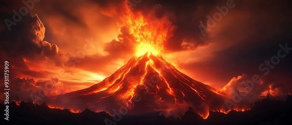 Fototapeta A powerful volcanic eruption with glowing lava streams and explosive ash clouds capturing nature's raw, fiery intensity at dusk.