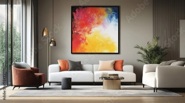 Fototapeta Modern Living Room with Abstract Artwork and Comfortable Seating