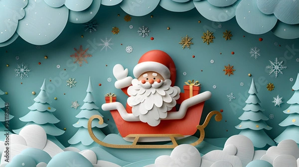Fototapeta Cheerful Santa Claus Waving from His Whimsical Paper Sleigh in Snowy Landscape with Trees and Presents
