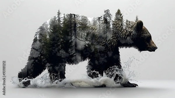 Fototapeta A double exposure of a bear standing tall, its silhouette filled with dense pine trees and a flowing river, all set against a stark white background.