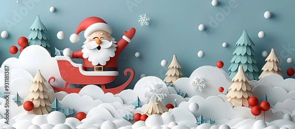 Fototapeta Cheerful Santa Claus Waving in His Paper Sleigh over Snowy Winter Landscape