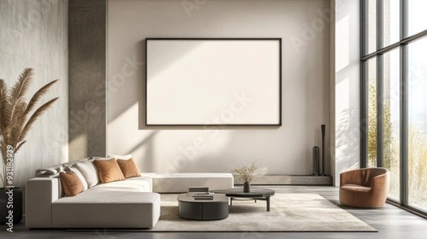 Fototapeta Modern living room interior with a white sectional sofa and large blank picture frame