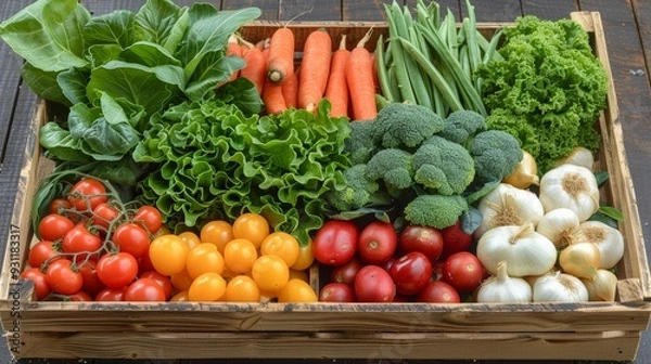 Fototapeta Freshly harvested vegetables in a rustic wooden crate at a local farm market