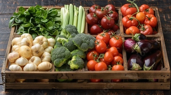 Fototapeta Fresh assortment of vegetables in a wooden crate on a rustic table