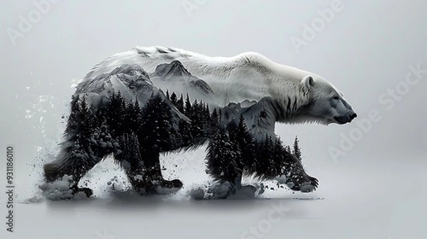 Obraz A polar bear in mid-stride, its silhouette filled with the crisp white of Arctic ice floes and the deep blues of a glacial backdrop, set against a clean white background in a double exposure style.