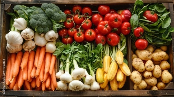 Fototapeta Fresh vegetables arranged in a wooden crate at a local market during the daytime