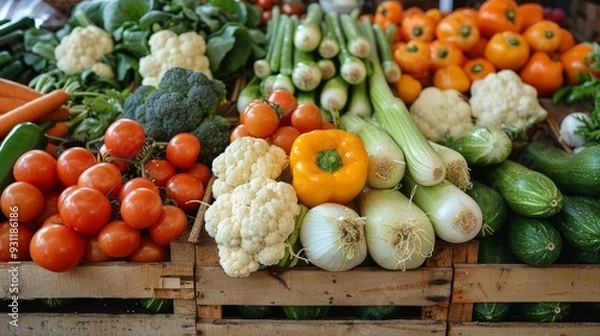 Fototapeta Fresh vegetables displayed in wooden crates at a local market on a sunny day