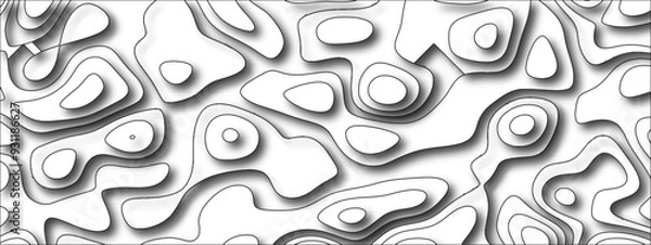 Fototapeta Black and white abstract papercut and multi-layer cutout geometric pattern. Vector Topographic canyon geometric map relief texture. Topographic contour lines map seamless pattern