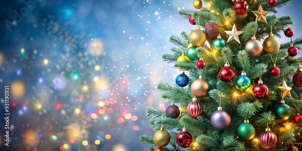 Fototapeta Festive Christmas tree with twinkling lights and colorful ornaments , Christmas, festive, holiday, tree, decorations