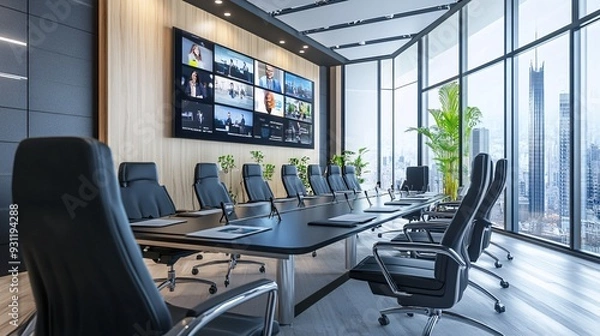 Fototapeta A view of a modern conference room with a large screen displaying a virtual meeting