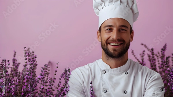 Fototapeta Confident Male Chef in Uniform Posing Professionally in Lavender Studio Setting