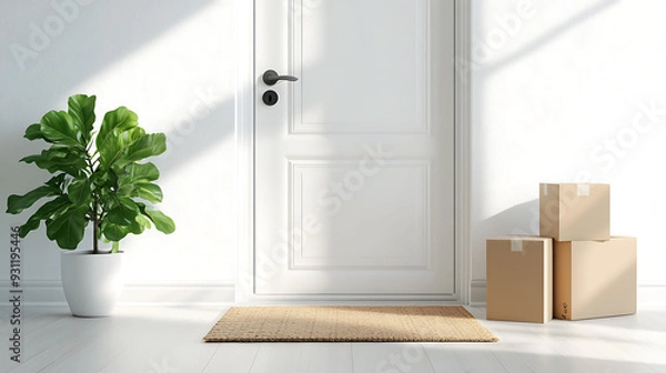 Fototapeta A white door with a brown mat in front of it