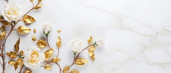 Fototapeta A top view of a luxurious marble background with a mix of white and golden roses. Wedding, celebration, invitation card. 