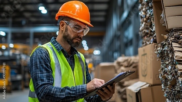 Obraz Worker checking inventory in a warehouse.