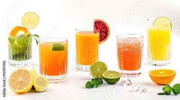 Obraz Refreshing Citrus Drinks on a White Background