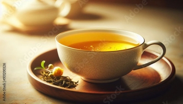 Fototapeta a delicate porcelain teacup filled with a warm, golden-yellow tea, known for its subtle, refined flavor. The tea is set on a simple, elegant wooden or ceramic surface, with a few yellow tea leaves or 