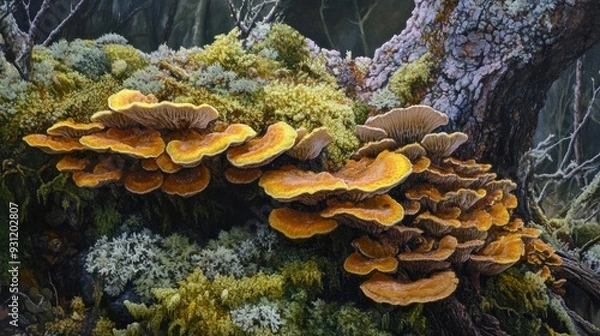 Fototapeta A Cluster of Orange Mushrooms Growing on a Moss-Covered Tree Trunk