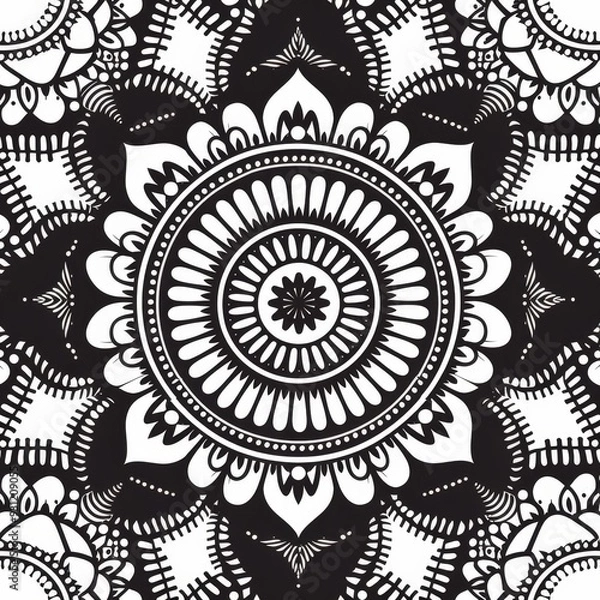 Fototapeta Intricate black and white mandala pattern on white background with copy space, deep depth of field covering all objects.