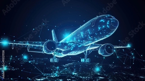 Fototapeta Digital airplane hologram with network connections on dark background. Concepts of aviation technology and futuristic transport.