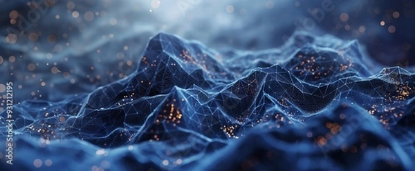 Obraz Abstract blue background showing a mountainous landscape made of lines and particles, representing concepts such as big data, blockchain and artificial intelligence