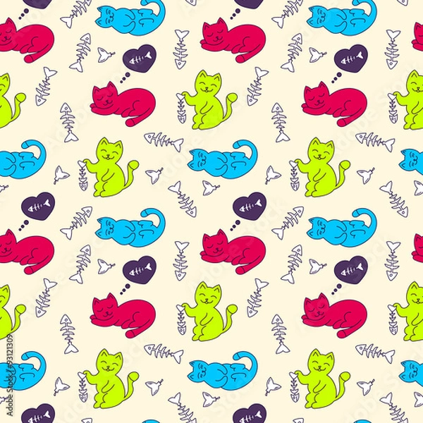 Obraz wzór z kotami i ościami ryb