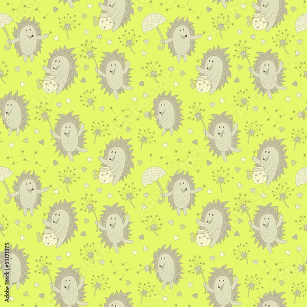 Obraz seamless pattern with hedgehogs and dandelion flowers