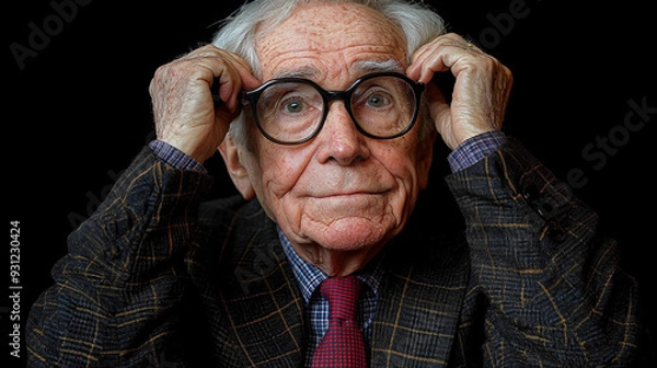 Obraz An elderly man wearing glasses holds his head, appearing deep in thought or curiosity, set against a dark background