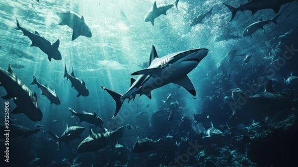 Fototapeta Underwater scene featuring various sharks swimming in the ocean.