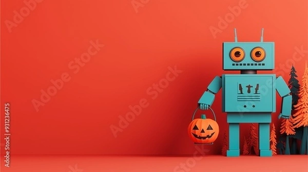 Obraz Retro robot with big eyes holding a pumpkin bucket in a forest on red background for Halloween.
