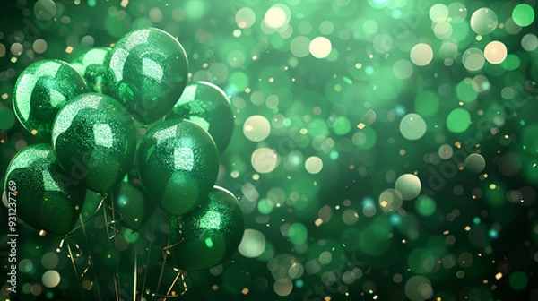 Fototapeta Illustration of Green party balloons on the white background, flying baloons with beautiful blur glitter background, 3d rending, green gliter baloons on beautiflul graphic abstract background
